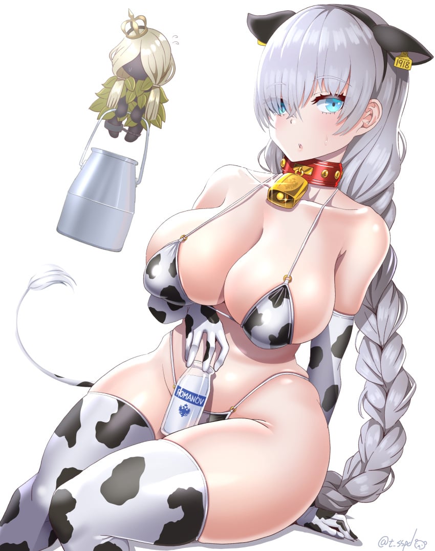 1girls 2022 absurdres anastasia_(fate) animal_ears animal_print bangs bare_shoulders bell bikini blue_eyes blush bottle braid braided_ponytail breasts cleavage collar collarbone cow_ears cow_horns cow_print cow_tail cowbell doll elbow_gloves fake_horns fate/grand_order fate_(series) gloves hair_over_one_eye hairband highres horns large_breasts long_hair looking_at_viewer milk_bottle navel neck_bell open_mouth print_bikini sekai_saisoku_no_panda sitting swimsuit tail thighhighs thighs very_long_hair viy_(fate) white_gloves white_hair white_thighhighs