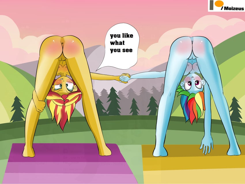 2girls anus ass barefoot breasts equestria_girls female friendship_is_magic hasbro hi_res highres holding_hands legs moizeus my_little_pony nipples outdoors presenting presenting_anus presenting_ass presenting_hindquarters rainbow_dash_(eg) rainbow_dash_(mlp) straight_hair sunset_shimmer yoga yoga_mat