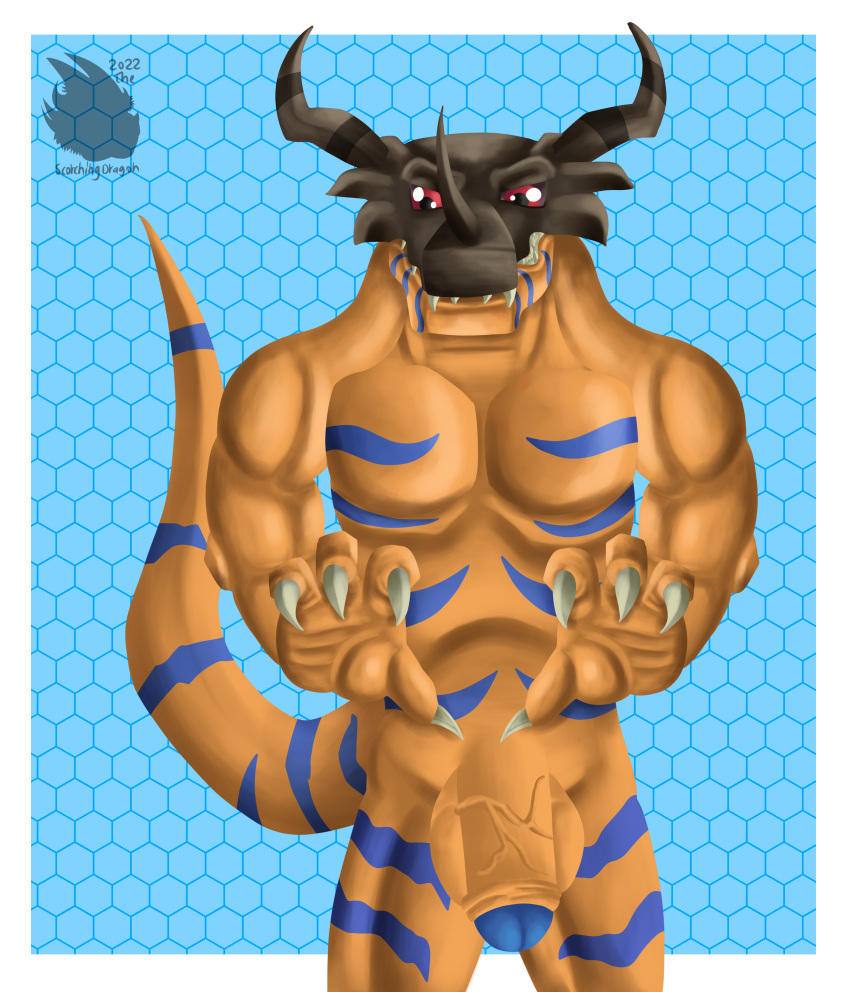 absurd_res anthro balls bandai_namco blue_glans blue_stripes claws digimon digimon_(species) dinosaur genitals glans greymon hi_res horn male muscular orange_body orange_scales pecs penis reptile scales scalie solo stripes thescorchingdragon