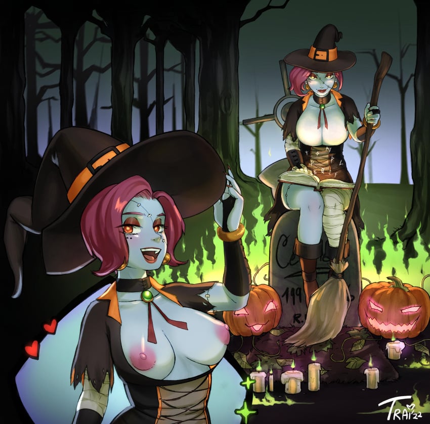 2girls bandaged_arm bandaged_leg bandages black_dress blue_skin book boots breasts breasts_out bridal_gauntlets broom candle choker dress earrings fire halloween hat heart highres jack-o'-lantern looking_at_viewer mole mole_under_eye mole_under_mouth multiple_girls nature nipples open_mouth orange_eyes original outdoors pumpkin red_hair short_hair short_sleeves sitting smile stitches tombstone traidowwa vines witch witch_hat yellow_eyes zombie