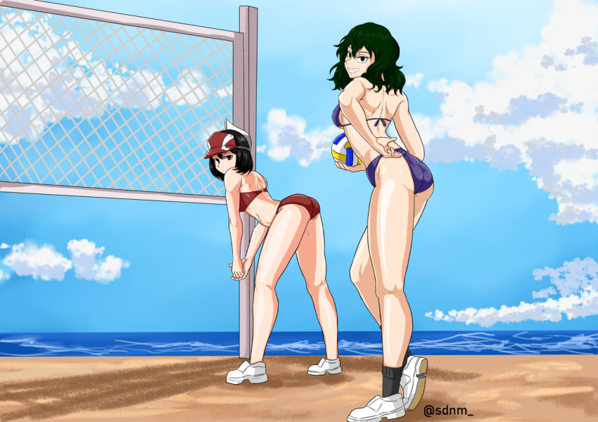 2girls ankle_socks anklehighs ass beach beach_volleyball bikini black_socks female_focus female_only kodai_yui looking_at_viewer my_hero_academia socks sudoname swimsuit tokage_setsuna volleyball volleyball_net yui_kodai