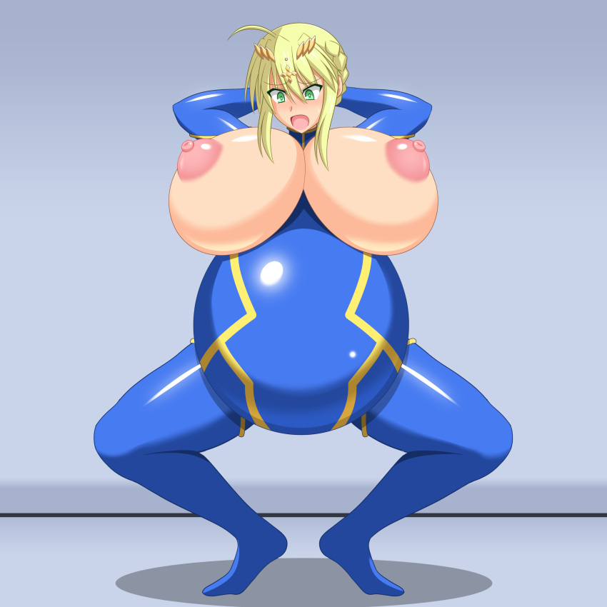 1girls areolae armwear artoria_pendragon artoria_pendragon_(lancer) belly_expansion big_belly big_breasts big_thighs blonde_hair blush breast_expansion breasts busty enormous_breasts expansion fate/grand_order fate_(series) female female_only genzaburoh giant_breasts gigantic_belly gigantic_breasts green_eyes hands_behind_head huge_areolae huge_belly huge_breasts huge_thighs hyper_breasts large_areolae large_belly large_breasts large_thighs legwear massive_belly massive_breasts nipples obese thick_thighs thighs