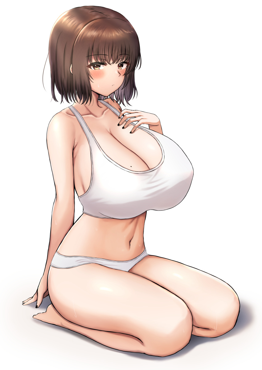 absurdres bangs bare_legs barefoot blush bra breasts brown_eyes brown_hair cleavage closed_mouth collarbone commentary_request feet female highres huge_breasts mole mole_on_breast nail_polish navel original panties sho_(wnmf3234) short_hair simple_background sitting solo sports_bra stomach toes underwear underwear_only wariza white_background white_panties white_sports_bra