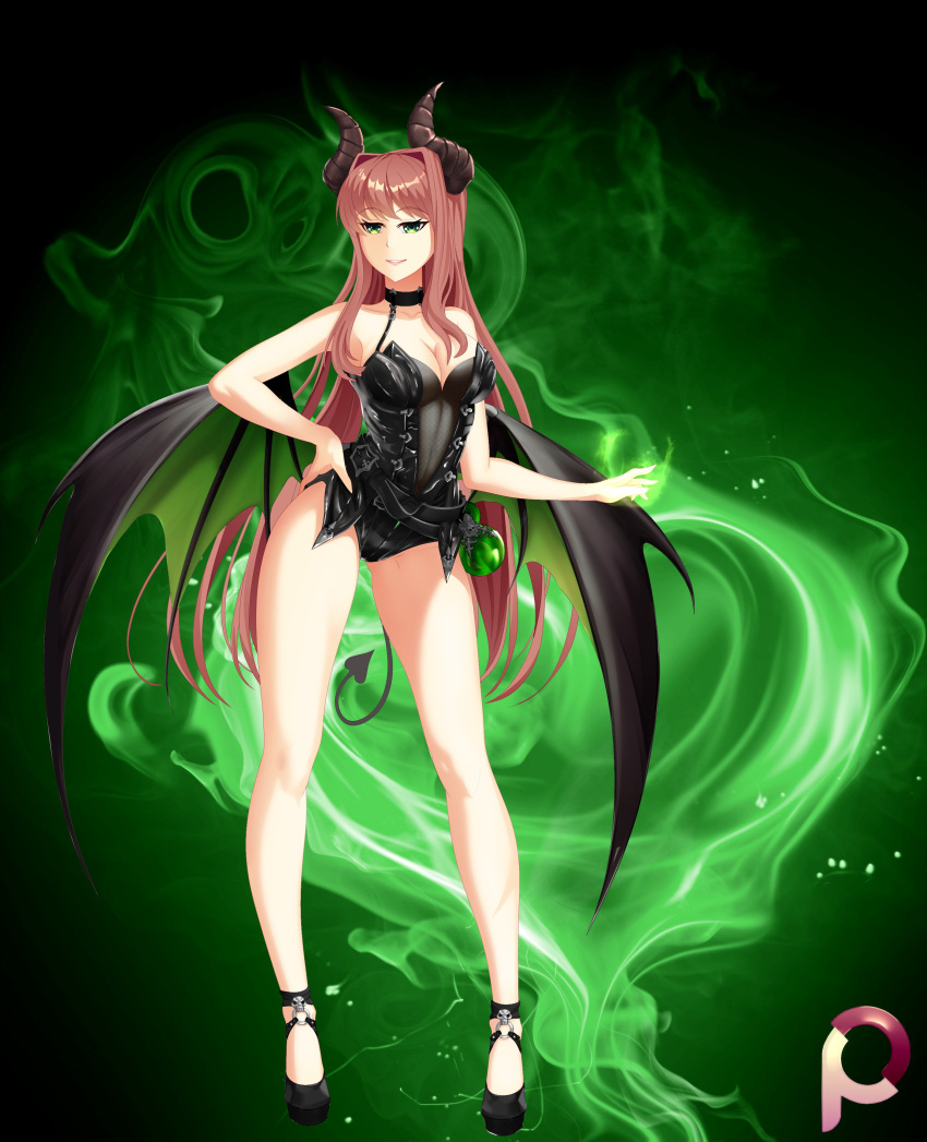 1girls brown_hair doki_doki_literature_club female green_background green_eyes halloween horns looking_at_viewer monika_(doki_doki_literature_club) proxyl shoes solo standing succubus succubus_costume succubus_horns succubus_tail succubus_wings tail wings