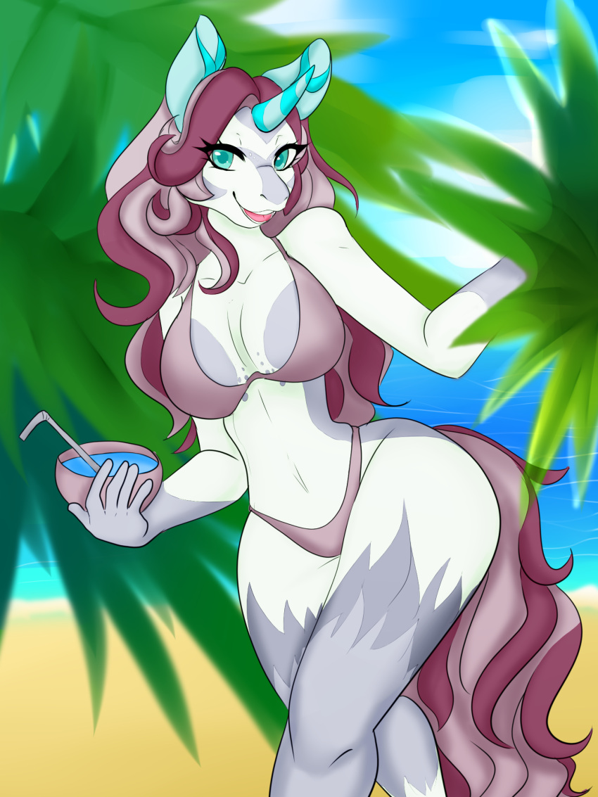 2022 anthro ass beach beverage big_breasts big_butt bikini bikini_bottom bikini_top blue_ears blue_eyes blue_horn blurred_background blurred_foreground bowl breasts chamomilearts clothed clothing colored container curvaceous curvy_figure digital_drawing_(artwork) digital_media_(artwork) equid equine equine_ears eyelashes felid female fingers food full-length_portrait fur fur_markings grey_body grey_fur hair hi_res horn huge_breasts huge_butt kaena_the_classical_unicorn leopard mammal markings multicolored_body multicolored_fur navel open_mouth outside palm_tree pantherine pink_bikini pink_bikini_bottom pink_bikini_top pink_clothing pink_hair pink_swimwear plant portrait seaside smile solo spots spotted_body spotted_fur spotted_markings swimwear teeth thick_thighs tongue tree unicorn voluptuous water wavy_hair white_body white_fur wide_hips