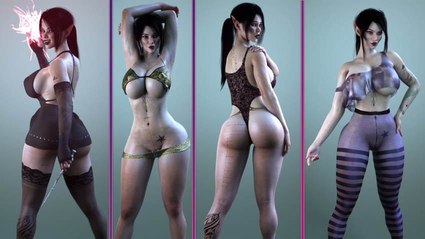 1girls 2022 3d arms_up ass bikini bikini_bottom_down black_hair chest_tattoo clothed clothing elf elf_ears female female_only forlorndesire gradient_background hand_on_hip holding_weapon huge_breasts leg_tattoo looking_at_viewer looking_back lyssa_(forlorndesire) lyssa_magnelis_(forlorndesire) magic original_character original_characters pantyhose ponytail see-through see-through_clothing solo solo_female standing striped striped_clothes striped_clothing striped_legwear striped_pantyhose tattoo tattoos wide_hips