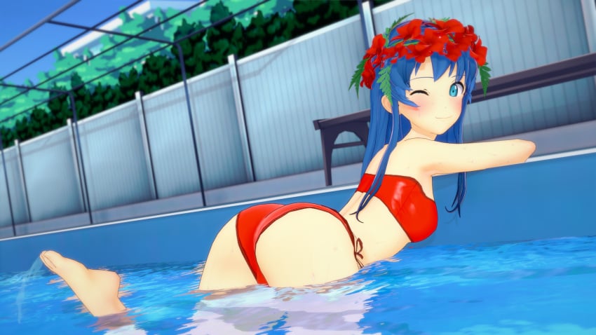 1girls 3d alternate_costume ass barefoot bikini blue_eyes blue_hair breasts female female_only fire_emblem fire_emblem:_the_binding_blade fire_emblem_heroes flower_in_hair hair_ornament jollyoldsoldier koikatsu lilina_(fire_emblem) lilina_(summer)_(fire_emblem) long_hair nintendo official_alternate_costume partially_submerged pool poolside red_bikini red_swimsuit solo strapless_bikini swimming swimming_pool swimsuit wink