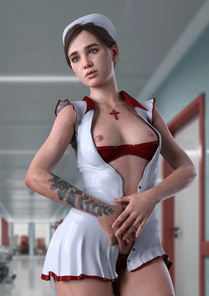 3d bare_legs bra breasts brown_hair busty cleavage ellie_(the_last_of_us) ellie_williams female female_focus female_only hourglass_figure long_hair naughty_dog nude nude_female nudity nurse nurse_cap pinup pinup_pose small_breasts standing tagme tattoo the_last_of_us the_last_of_us_2 viaphobia wide_hips