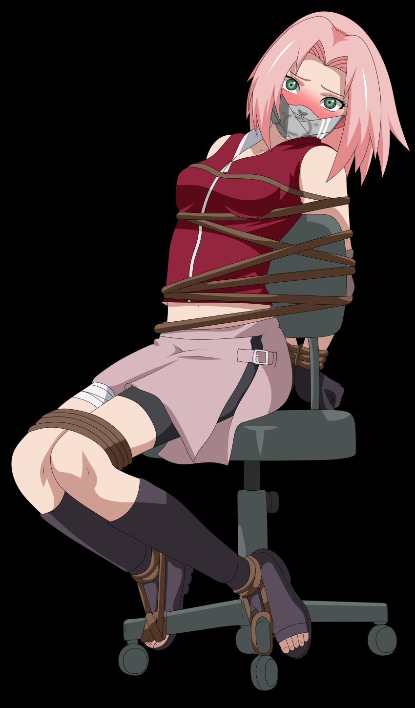 arms_tied_behind_back asphyxiation bike_shorts bondage bound_ankles bound_legs bound_wrists green_eyes looking_at_viewer naruto over_the_nose_gag pink_hair sakura_haruno tape_gag tied_to_chair