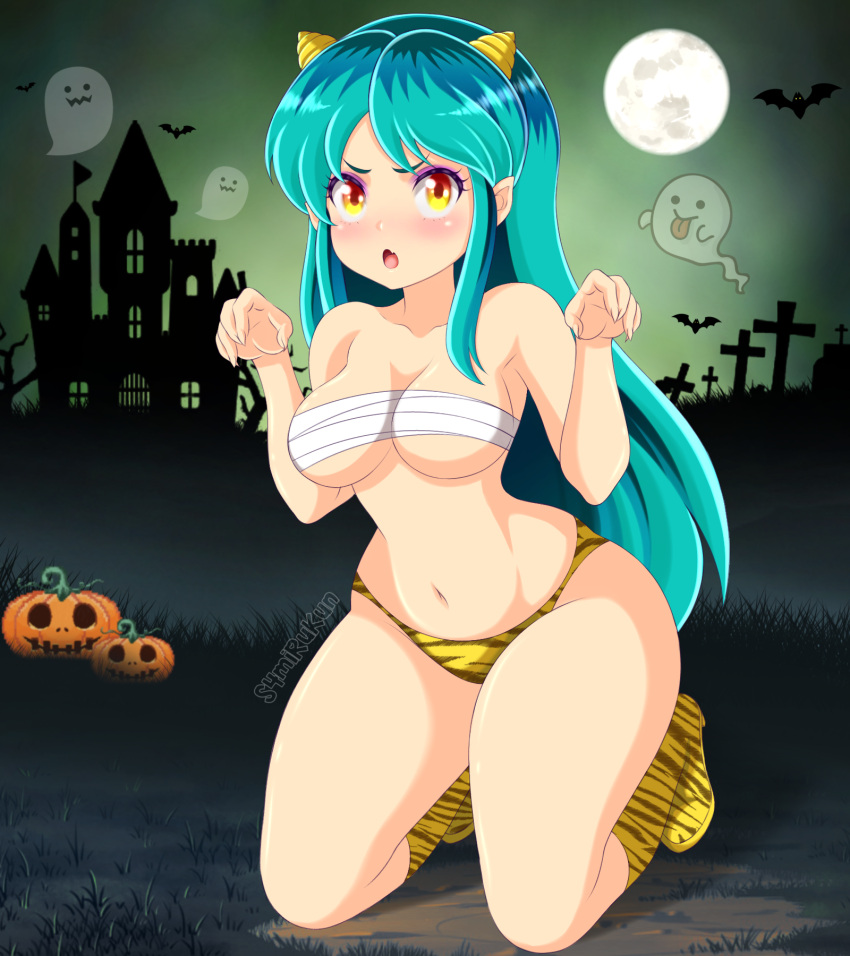 blue_hair cute demon_girl green_hair halloween horns long_hair lum non_nude orange_eyes panties s4mirukun solo solo_female spooky urusei_yatsura