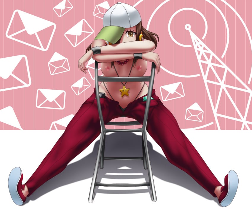 baseball_cap black_panties chair envelope female gaen_izuko hat headphones headphones_around_neck monogatari_(series) necklace one_eye_obstructed otocai shoes sitting solo spread_legs topless wristbands yellow_eyes