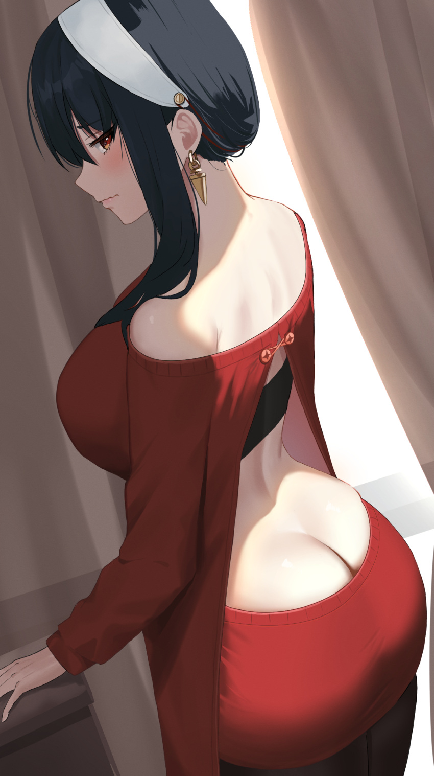 1girls ass ass_cleavage ass_in_dress assassin back backless_outfit black_bra black_pantyhose blush bra breasts butt_crack closed_mouth earrings female female_only from_behind hairband highres jewelry large_breasts long_hair looking_at_viewer looking_back pantyhose red_eyes red_sweater side_view sidelocks solo spy_x_family sweater thorn_princess underwear wavy_mouth white_hairband yor_briar yor_forger