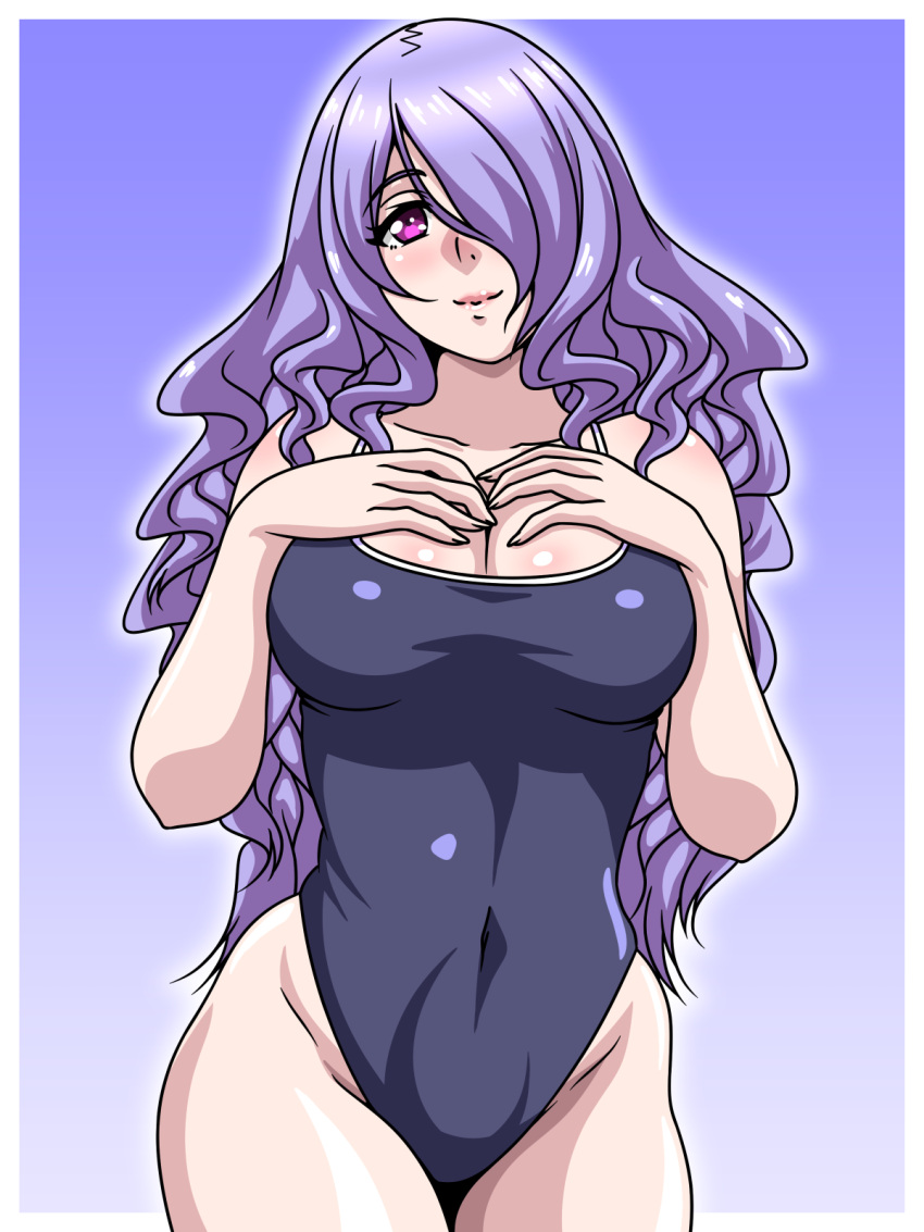 1girls alternate_costume bare_thighs blue_one-piece_swimsuit blue_swimsuit camilla_(fire_emblem) cleavage female female_only fire_emblem fire_emblem_fates hair_over_one_eye hands_on_own_chest inabakun00 long_hair looking_at_viewer nintendo one-piece_swimsuit pink_eyes purple_hair smile solo swimsuit thighs very_long_hair