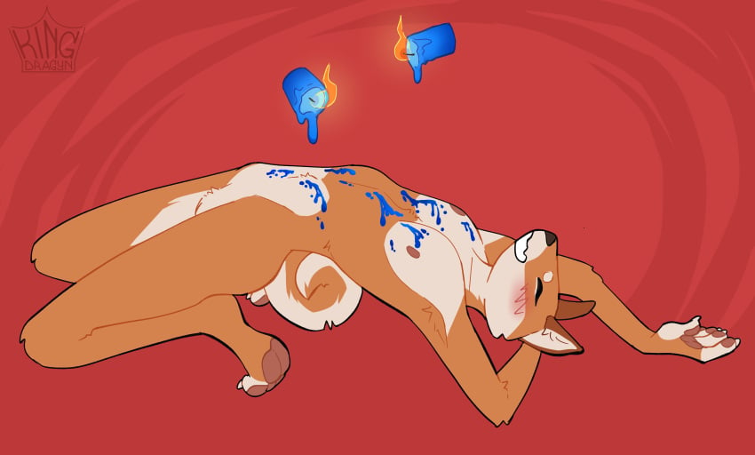 absurd_res anthro arched_back blush breasts candle canid canine canis clawed_fingers closed_eyes curled_tail domestic_dog female fur hi_res kingdragyn lying lying_on_ground mammal on_back orange_body orange_fur pawpads shiba_inu simple_background small_breasts smile solo spitz wax wax_play white_body white_fur