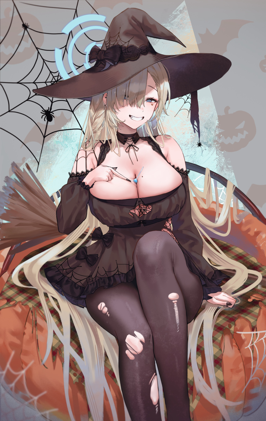 1girls asuna_(blue_archive) beauty_mark blonde_hair blue_archive blue_eyes breasts cleavage female grin hair_over_one_eye halloween hat hi_res hips huge_breasts large_breasts large_hat leggings light-skinned_female light_skin long_hair looking_at_viewer merumeko mole_on_breast smile thick_thighs thighs torn_leggings very_long_hair wide_hips witch witch_costume witch_hat