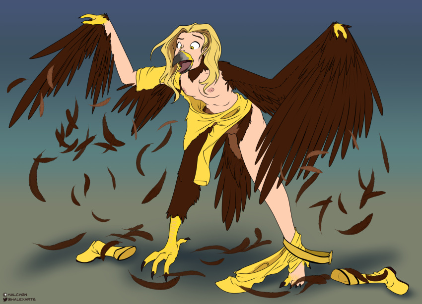 2020s 2022 accipitrid accipitriform anthro_only avian beak bird breasts brown_body brown_feathers clothing digital_media_(artwork) eagle feathered_wings feathers female genitals growth halcy0n hi_res human human_to_anthro mammal nipples power_rangers power_rangers_wild_force pussy simple_background solo species_transformation taylor_earhardt torn_clothing transformation wing_growth wings