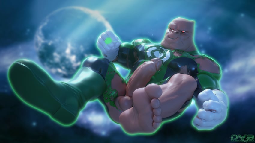 16:9 3d_(artwork) alien balls barefoot bodily_fluids bolovaxian clothed clothing dc dc_comics digital_media_(artwork) feet genital_fluids genitals green_lantern green_lantern_(series) green_lantern_ring hi_res humanoid kilowog looking_at_viewer male male_only muscular muscular_male partially_clothed penis pink_body pink_skin precum precum_string red_eyes ring solo solo_male space torn_clothing uniform vein veiny_penis widescreen