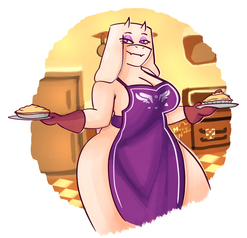 1girls 2d apron female female_only furry furry_only gloves looking_at_viewer milf mosunoru naked_apron purple_eyeshadow smile smiling smiling_at_viewer solo thick_thighs toriel undertale undertale_(series) white_fur