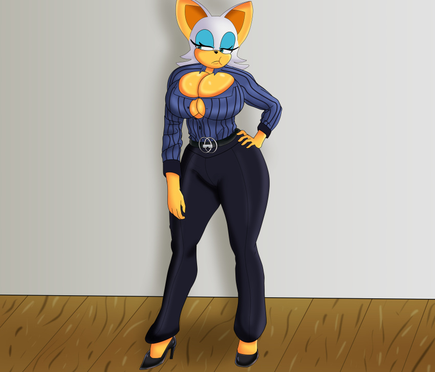 big_breasts button_gap formal_clothes formal_wear furry hand_on_hip high_heels huge_breasts nap´sart pouting rouge_the_bat sonic_(series) sonic_the_hedgehog_(series) wide_hips