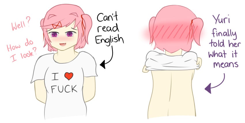 1girls black_text blush dialogue doki_doki_literature_club embarrassed embarrassed_female english_text female female_only heart mentioned_character natsuki_(doki_doki_literature_club) oerba_yun_fang penguin_(artist) pink_eyes pink_hair pink_text purple_text shirt solo taking_off_shirt taking_shirt_off text undressing white_background white_shirt yuri_(doki_doki_literature_club)