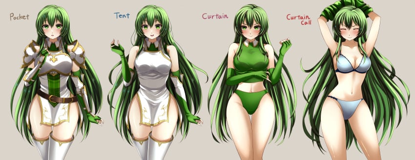 1girls :o absurdres armor arms_up blush bra breastplate breasts buruma cleavage closed_eyes commission curtain_call_challenge_(meme) dress elbow_gloves english_text erinys_(fire_emblem) female female female_only fingerless_gloves fire_emblem fire_emblem:_genealogy_of_the_holy_war fire_emblem_heroes gloves green_buruma green_eyes green_gloves green_hair green_panties grey_background highres long_hair looking_at_viewer medium_breasts meme multiple_views navel nintendo panties pauldrons pegasus pegasus_knight_uniform_(fire_emblem) pixiv_request short_dress shoulder_armor simple_background smile solo stretching sweatdrop tank_top tearing_up thighhighs underwear undressing very_long_hair white_bra white_dress white_panties white_thighhighs yozu_(yozu0420) zettai_ryouiki