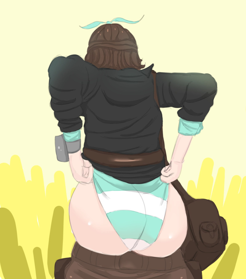 1girls ass big_ass brown_hair clothing dara_venturini female female_focus female_only hair_ribbon ordem_paranormal panties pants_down sinais_do_outro_lado