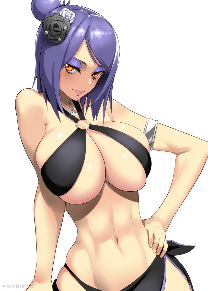 big_breasts bikini blue_hair blush breasts busty center_opening cleavage female female_focus flower flower_in_hair hair_bun hourglass_figure huge_breasts konan labret_piercing long_hair mascara mattari_yufi mature mature_female midriff naruto naruto_(series) naruto_shippuden orange_eyes piercing revealing_swimsuit skimpy skimpy_bikini skirt swimsuit tied_hair underboob upper_body voluptuous wide_hips