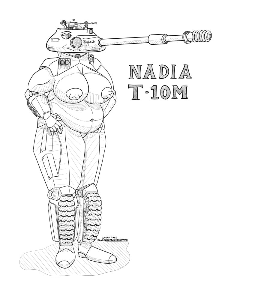 2020s 2022 absurd_res anthro armor belly biceps big_belly big_breasts breasts chubby_female clothed clothing deep_navel female gun hands_on_hips hi_res living_machine living_tank living_vehicle machine machine_gun monochrome musclegut navel nipples panzerschreckleopard ranged_weapon solo tank tankmorph topless vehicle weapon