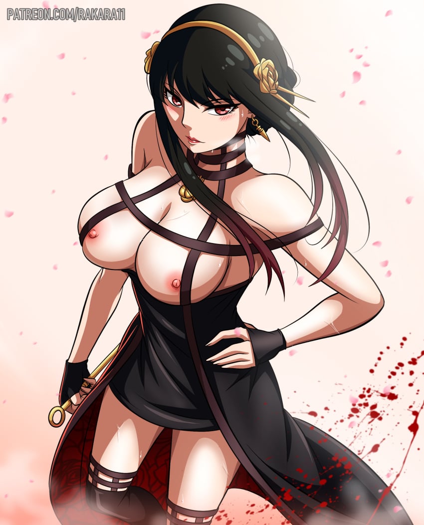 1girls assassin bare_shoulders big_breasts black_hair black_legwear blood breasts breasts_out dress earrings female_human gradient_background hair_ornament highres human large_breasts legwear light-skinned_female long_hair looking_at_viewer mature_female nipples no_bra pale-skinned_female rakara11 red_eyes simple_background sleeveless slim_waist solo spy_x_family standing stiletto_(weapon) sweat thighhighs thighs thorn_princess variant variant_set weapon yor_briar yor_forger