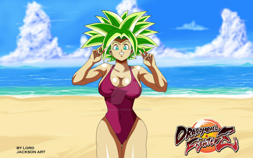 beach dragon_ball dragon_ball_super green_hair kefla large_breasts legendary_super_saiyan looking_at_viewer lord_jackson_art one-piece_swimsuit peace_sign smile smiling super_saiyan super_saiyan_2 swimsuit