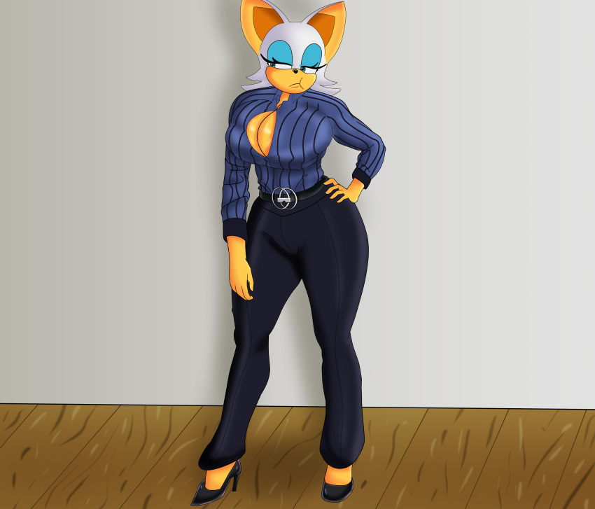 big_breasts button_gap formal_clothes formal_wear furry hand_on_hip high_heels huge_breasts nap´sart pouting rouge_the_bat sonic_(series) sonic_the_hedgehog_(series) wide_hips