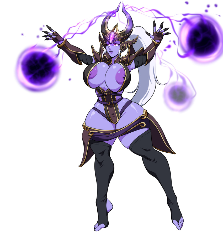 2022 commission cosplay crossover_cosplay crown dark_elf elf elf_girl feet female full_body full_length huge_breasts league_of_legends long_hair magic magic_user manaworld pin-up ponytail purple_skin rakintor shadow_elf stirrup_legwear syndra syndra_(cosplay) syx thick_thighs undersized_clothes white_hair wide_hips