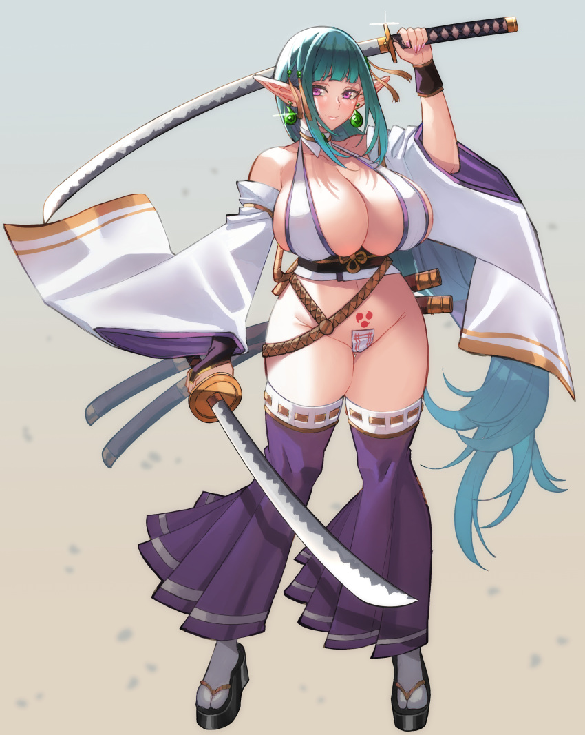 big_ass big_breasts blood_hood bloodh69 breasts elf huge_ass huge_breasts japanese_clothes katana lyris_saionji_(zahylon) naughty_face okobo original_character pointy_ears tattoo teal_hair tomoe_(symbol) zahylon