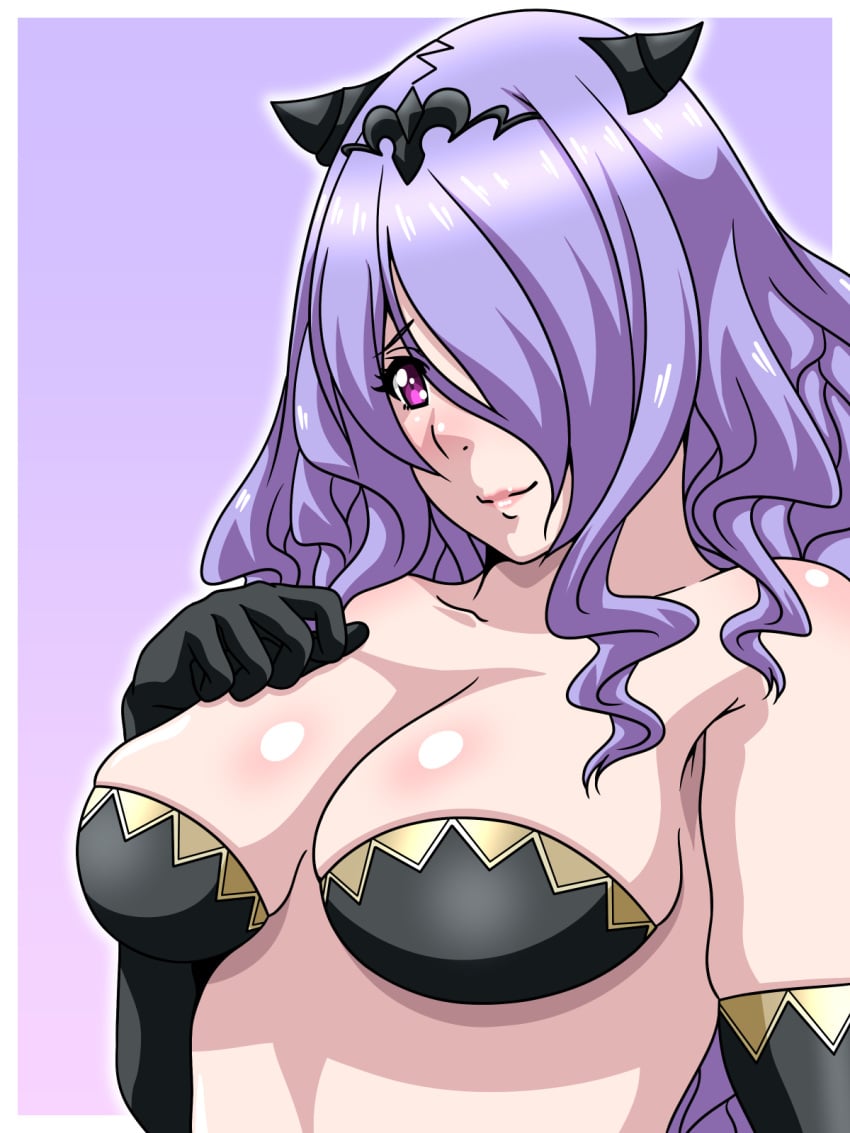 1girls breasts camilla_(fire_emblem) elbow_gloves female female_only fire_emblem fire_emblem_fates gloves hair_over_one_eye horns inabakun00 large_breasts looking_at_viewer looking_down nintendo pink_eyes purple_hair smile solo