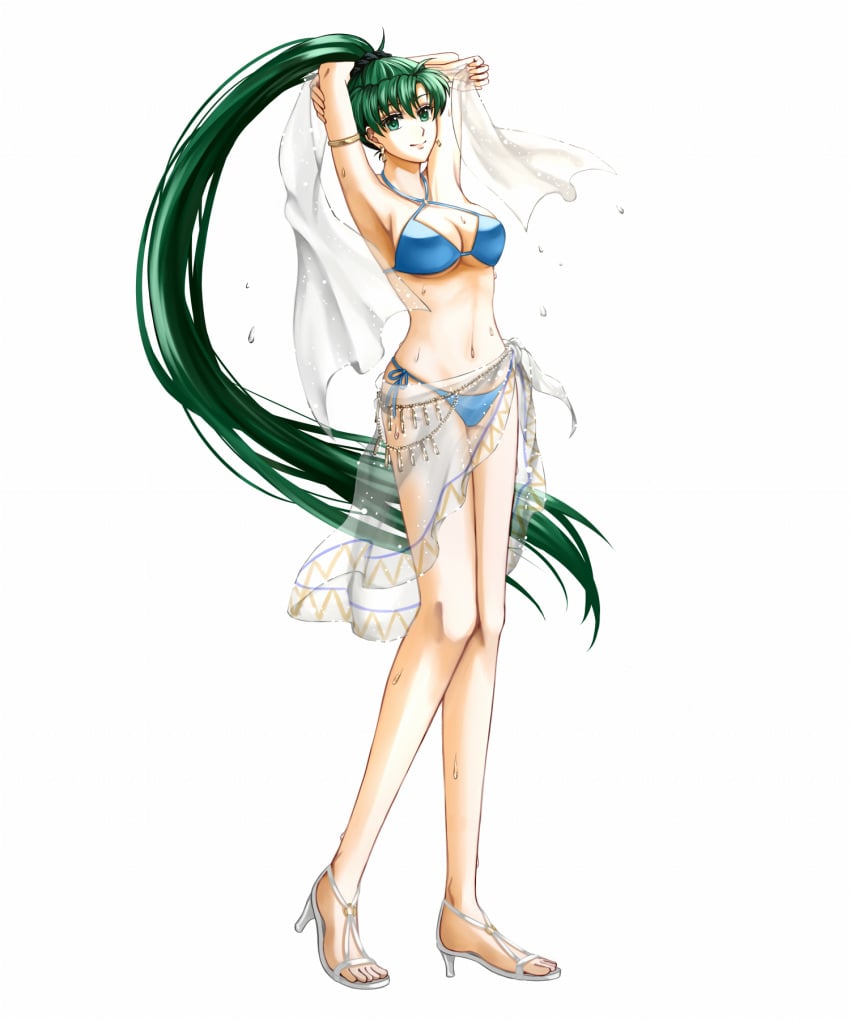 1girls alternate_costume bikini blue_bikini blue_swimsuit breasts cleavage commentary_request delsaber earrings female female_only fire_emblem fire_emblem:_the_blazing_blade green_eyes green_hair high_heels highres jewelry long_hair looking_at_viewer lyn_(fire_emblem) navel nintendo ponytail sandals see-through smile solo swimsuit very_long_hair water_drop