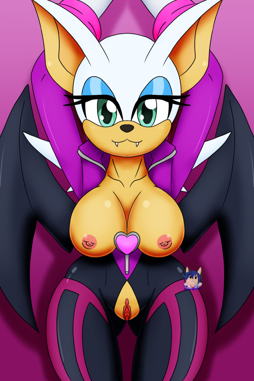 anthro armpits big_breasts breasts chiropteran clothing digital_media_(artwork) female genitals hi_res looking_at_viewer mammal nipples pussy rouge_the_bat rouge_the_bat_(prime) sega simple_background smile solo sonic_(series) sonic_prime sonic_the_hedgehog_(series) thick_thighs wings zeroviks_(artist)