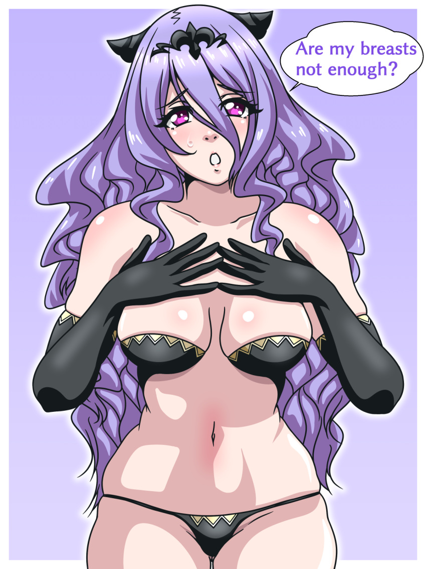 1girls ass_visible_through_thighs black_panties bra breasts camilla_(fire_emblem) elbow_gloves english_text female female_only fire_emblem fire_emblem_fates gloves hair_between_eyes horns inabakun00 long_hair looking_at_viewer medium_breasts nintendo panties pink_eyes purple_hair solo text underwear very_long_hair