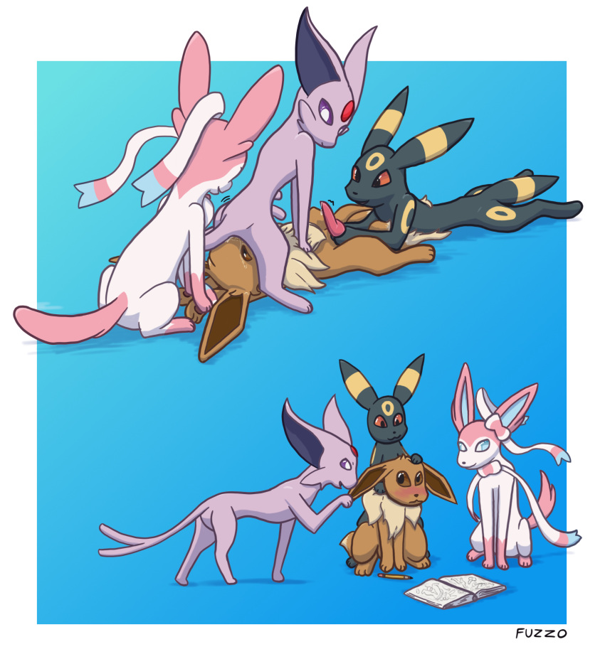 . ambiguous_gender animal_genitalia animal_penis black_body blue_background book border brown_body brown_eyes canine_penis eevee eeveelution espeon facesitting feral frown fuzzo generation_1_pokemon generation_2_pokemon generation_6_pokemon genitals group hi_res looking_at_genitalia looking_at_penis male nintendo penis penis_grab pink_body pokemon pokemon_(species) red_eyes simple_background sylveon umbreon video_games white_body white_border