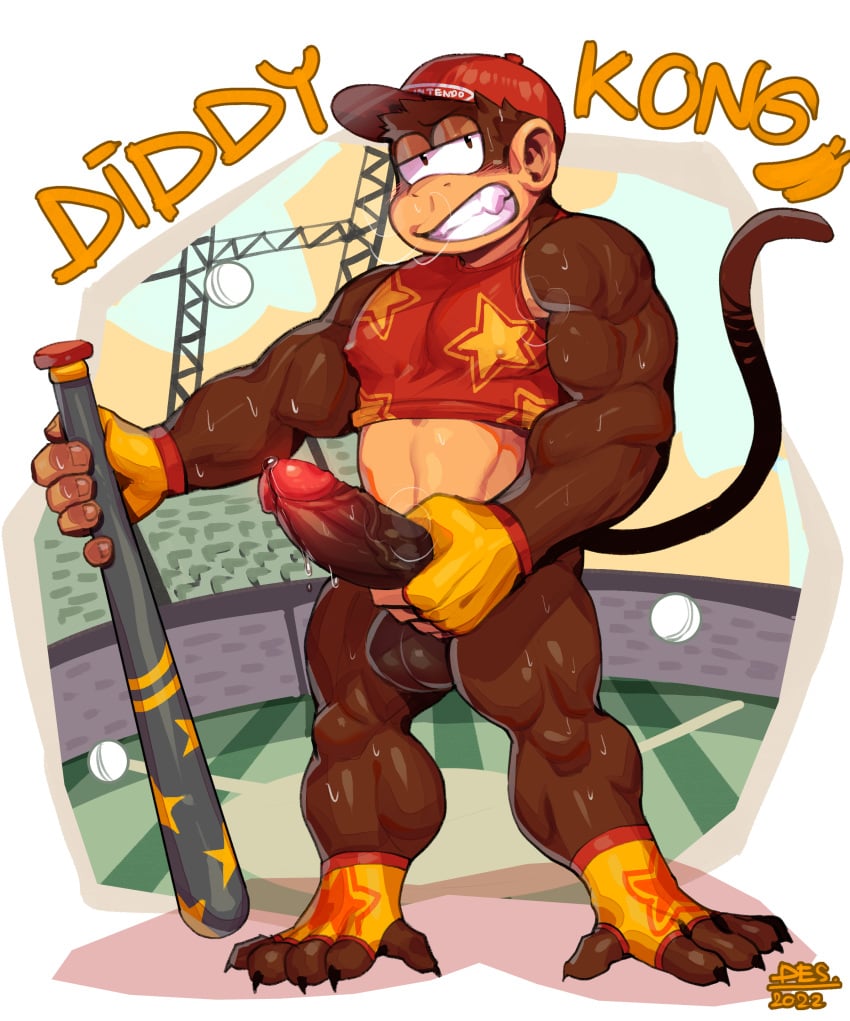 absurd_res anthro baseball_bat bat_(object) biped bodily_fluids boner clothing crop_top desfrog diddy_kong donkey_kong_(series) erection fingerless_gloves genital_fluids genitals gloves half_naked handwear haplorhine hat headgear headwear hi_res looking_at_viewer male male_only mammal monkey nintendo penis precum primate shirt solo stadium topwear video_games