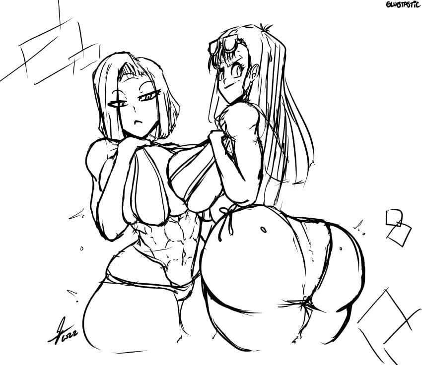 2girls abs android_18 ass_focus big_ass big_breasts big_butt bikini breast_press dragon_ball dragon_ball_z female female_only glubtastic huge_breasts large_breasts looking_at_viewer maron sketch wide_hips