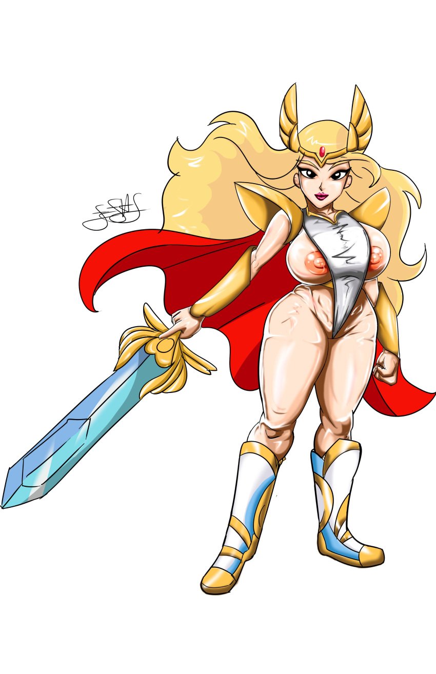 2020 2020s adora areolae armor artist_name bikini_armor black_eyes blonde_female blonde_hair boots bracer breasts cape curvy eehs_(artist) female female_only gold_boots hi_res hourglass_figure huge_breasts large_areolae large_breasts large_nipples light-skinned_female light_skin lipstick long_hair looking_at_viewer makeup nipples pauldrons pink_lips pink_lipstick platinum_blonde_hair red_cape she-ra she-ra_and_the_princesses_of_power sideboob simple_background smile solo solo_female sword thick_thighs thin_waist thong tiara two_tone_boots very_long_hair watermark weapon white_background white_boots white_thong wide_hips