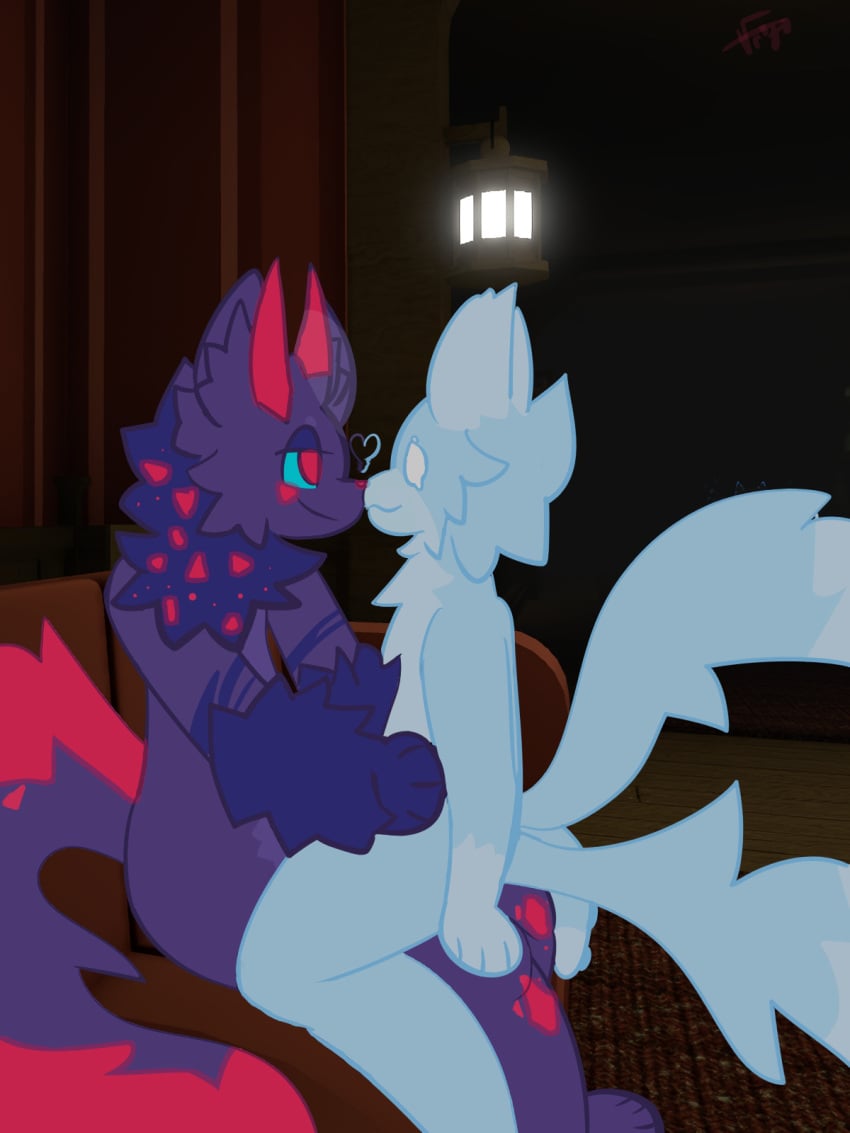 2_tails anthro blue_body carneline_(kaiju_paradise) fr3yo gay ghost_fox_(kaiju_paradise) kaiju_paradise multi_tail roblox roblox_game tagme