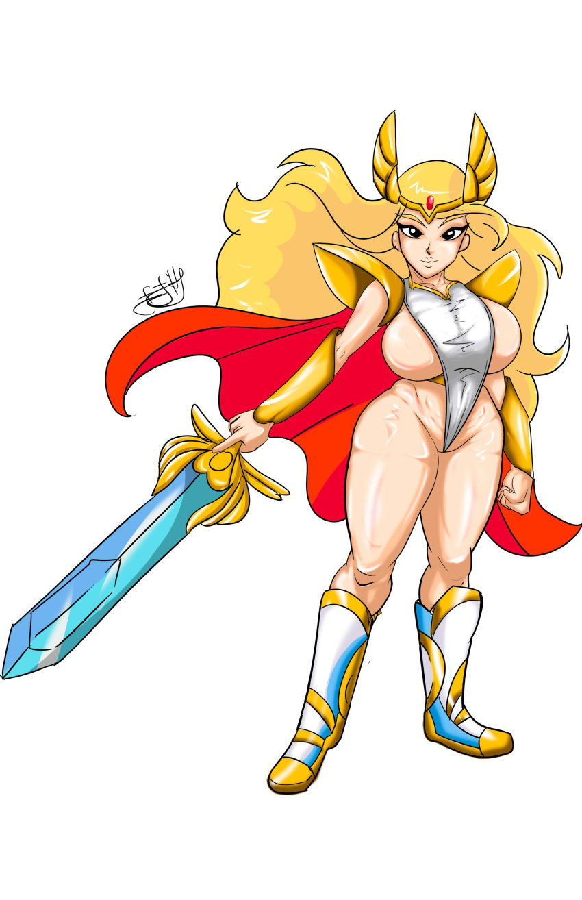 2020 2020s adora armor artist_name bikini_armor black_eyes blonde_female blonde_hair boots bracer breasts cape curvy eehs_(artist) female female_only gold_boots hi_res hourglass_figure huge_breasts large_breasts light-skinned_female light_skin long_hair looking_at_viewer pauldrons red_cape she-ra she-ra_and_the_princesses_of_power sideboob simple_background smile solo solo_female sword thick_thighs thin_waist thong tiara two_tone_boots very_long_hair watermark weapon white_background white_boots white_thong wide_hips