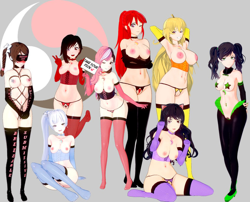 3d 6+girls arc_family_crest armpits big_breasts black_hair blake_belladonna blindfold blonde_hair braid breasts brown_hair cat_ears corset crotchless_panties double_v_sign elbow_gloves english_text fatallyobsessed female female_only fishnet_armwear fishnet_legwear green_eyes hair_over_one_eye large_breasts leg_up long_hair medium_breasts multiple_females multiple_girls navel neo_(rwby) nipple_piercing paw_pose pink_eyes pink_hair ponytail pubic_hair pyrrha_nikos red_hair ruby_rose rwby short_hair sign silver_eyes silver_hair sitting smile standing stockings tagme tattoo team_rwby tied_hair twintails weiss_schnee wink winking_at_viewer yang_xiao_long