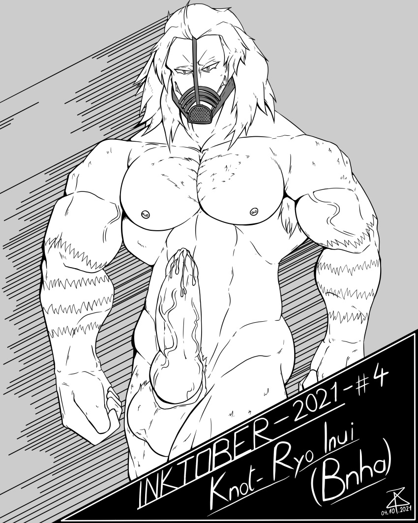 anthro balls bara big_balls big_penis boner canine_penis erection gay hound_dog_(my_hero_academia) knot knotted_penis long_hair male male_only monochrome muscles muscular muzzle_(object) muzzled my_hero_academia penis ryo_inui solo solo_male yaoi zartzy