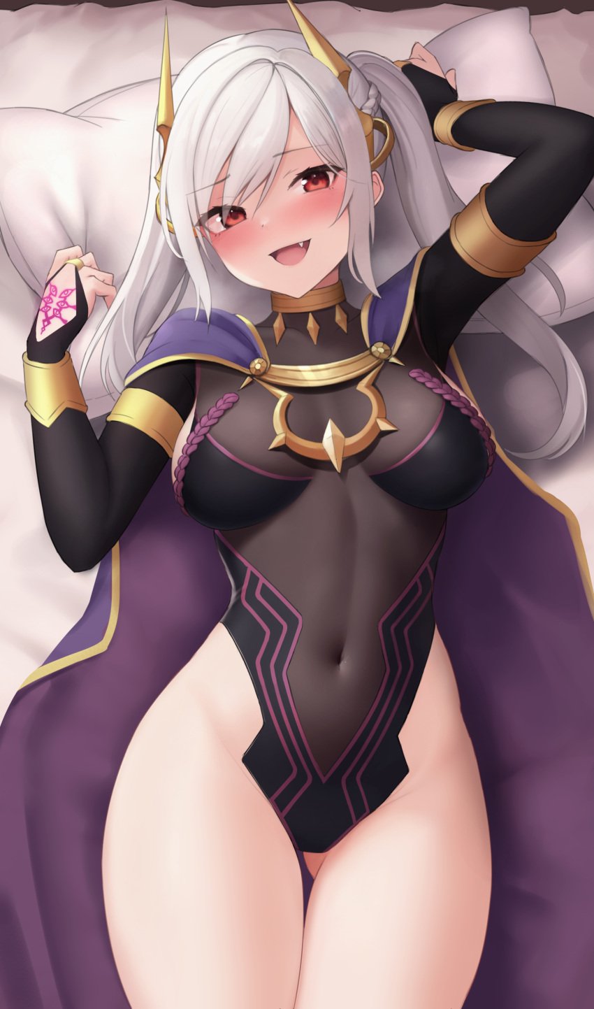 1girls :d absurdres alternate_costume arm_up ass_visible_through_thighs aura_(aurapls) black_leotard blush brand_of_the_defile breasts breasts_apart cape covered_navel female female_only fire_emblem fire_emblem_awakening fire_emblem_heroes grima_(fire_emblem) hair_ornament hand_up highleg highleg_leotard highres leotard long_hair long_sleeves looking_at_viewer lying medium_breasts nintendo nose_blush oerba_yun_fang official_alternate_costume on_back on_bed open_mouth pillow red_eyes robin_(female)_(fell_tactician)_(fire_emblem) robin_(fire_emblem) robin_(fire_emblem)_(female) smile solo thigh_gap thighs twintails white_hair