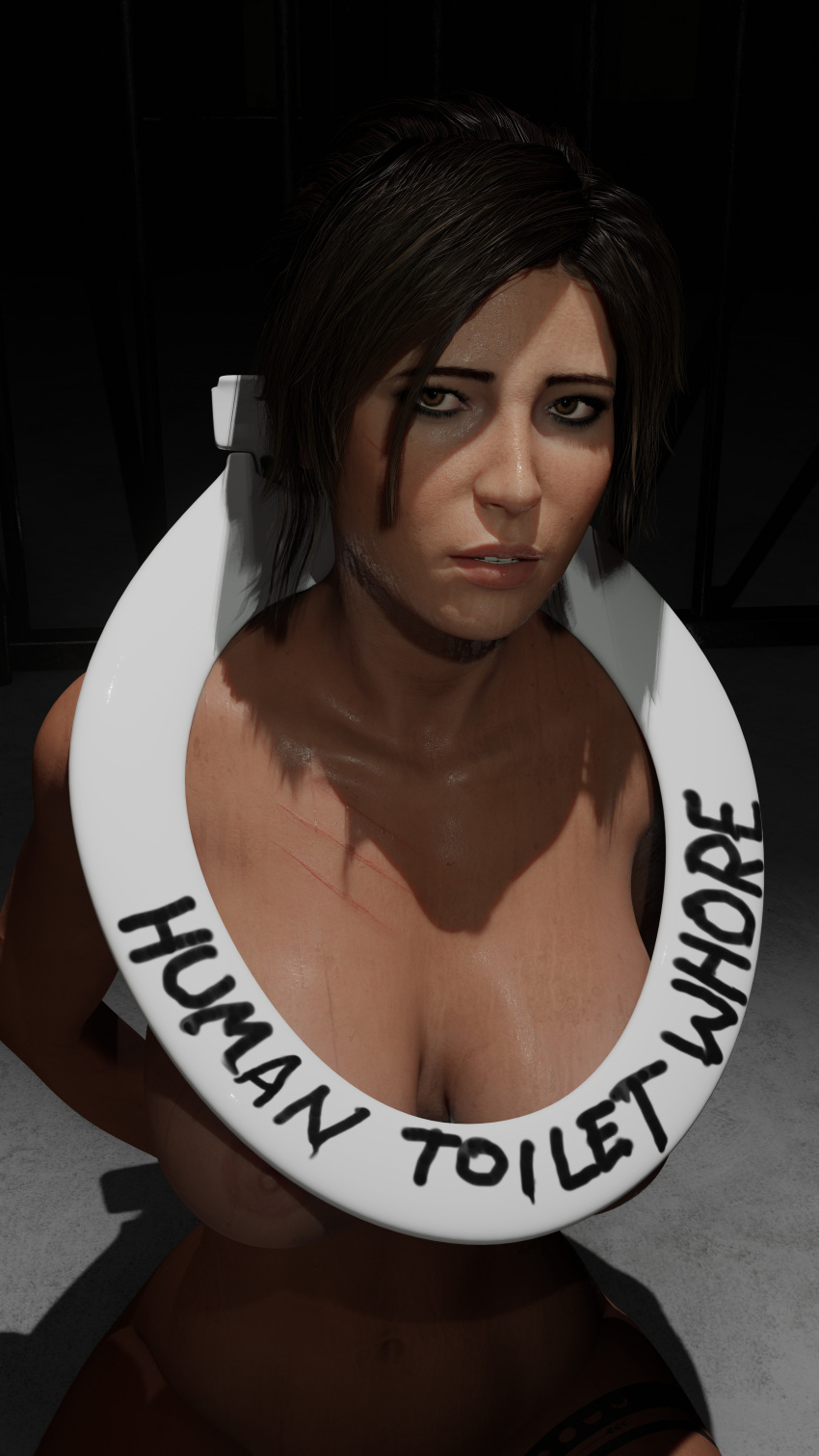 1girls 3d arms_behind_back benjibonjo big_breasts brown_eyes brown_hair female female_only humiliation lara_croft lara_croft_(survivor) nervous nipples solo sweaty tagme tattoos toilet toilet_seat tomb_raider tomb_raider_(survivor)