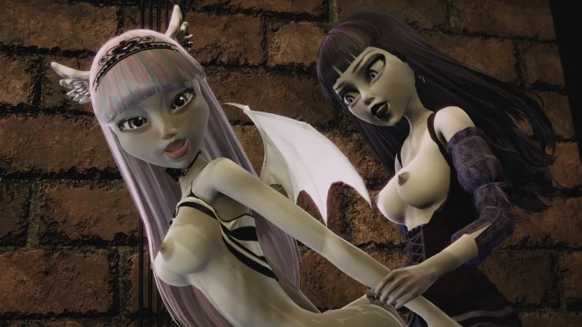 16:9 3d breasts dark_hair elissabat erect_nipples futanari futanari_vampire halloween indoors long_hair looking_at_viewer looking_pleasured medium_breasts monster_high nipples open_eyes open_mouth painted_nails pale pale-skinned_female pale_skin partially_clothed pink_hair rochelle_goyle shirt_lift vampire wings