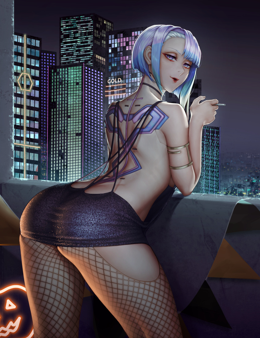 1girls asian_female backless_dress backless_outfit big_ass cd_projekt_red cigarette cyberpunk:_edgerunners cyberpunk_2077 dress female female_only fishnets halloween looking_at_viewer looking_back lucyna_kushinada multicolored_hair mystra77 partially_clothed presenting_hindquarters pumpkin purple_dress revealing_clothes satin satin_dress short_dress short_hair smoking string_back_dress studio_trigger