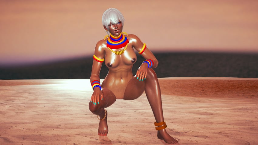 1girls 3d 3d_(artwork) african african_female big_ass big_breasts blue_eyes breasts capcom dark-skinned_female dark_skin earrings effineffer elena_(street_fighter) female female_only looking_at_viewer nipples nude pussy short_hair smiling solo solo_female street_fighter street_fighter_iii street_fighter_iii:_3rd_strike sunset sweat tribal_clothing white_hair